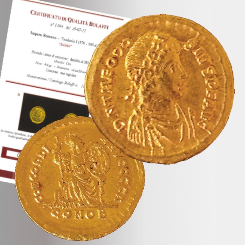 Solido d'oro di Teodosio con certificato fotografico di qualità Bolaffi