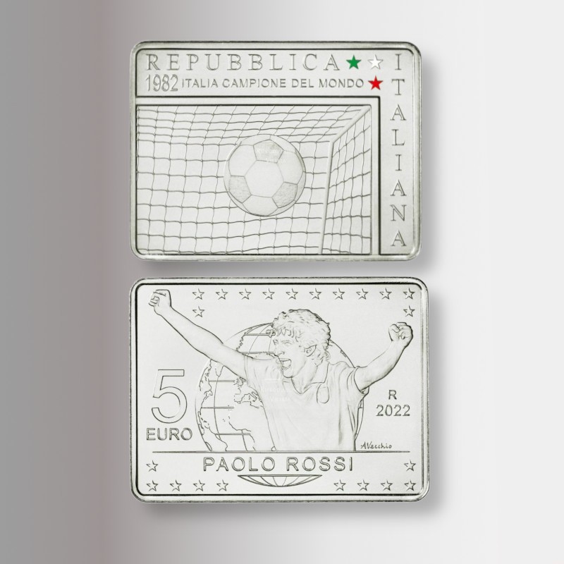 Moneta da 5 euro di Paolo Rossi campione del mondo 1982