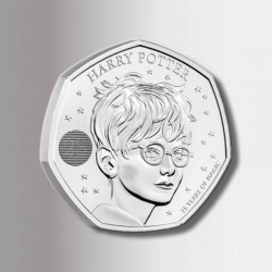 Moneta inglese da 50 pence con la prima illustrazione di Harry Potter