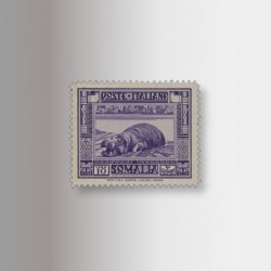 Serie Pittorica, francobollo 10 lire violetto dell'ippopotamo (Somalia, 1932)