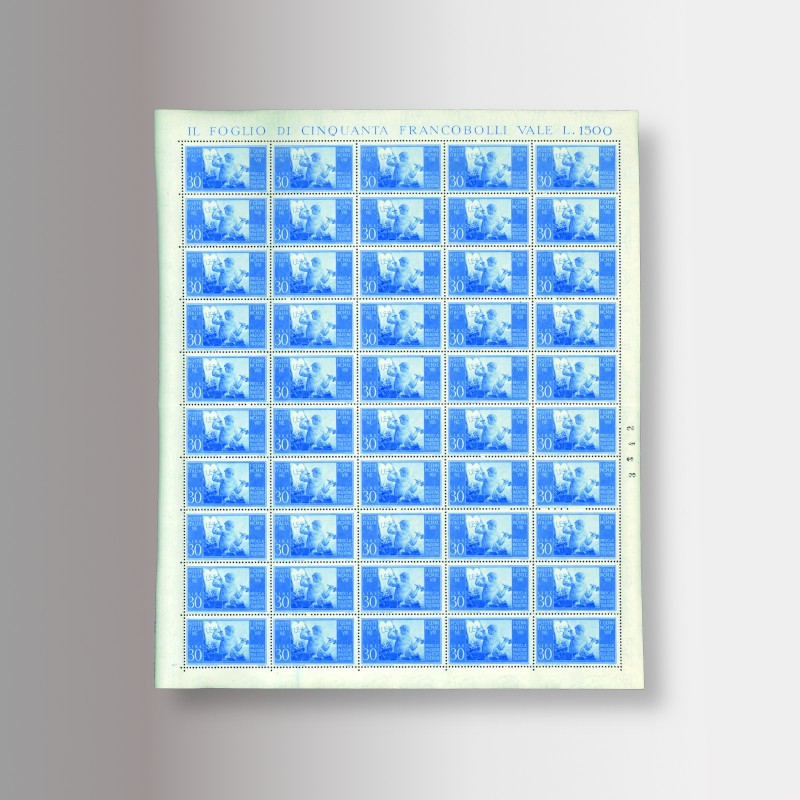 Foglio completo 50 francobolli 30 lire azzurro serie Costituzione